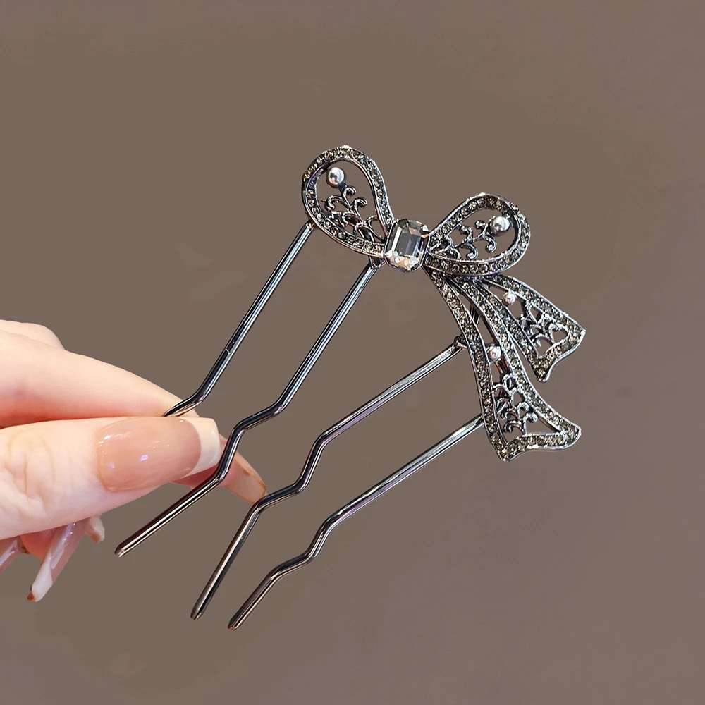 Vintage Bowknot Hair Fork 4 Prong Rhinestone Pearl Elegant Wedding Hairpin Retro Hair Accessory Jewelry For Women