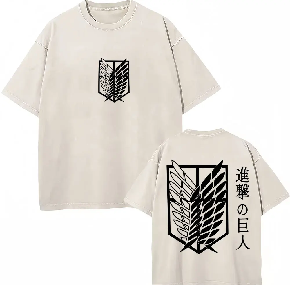 Japan Anime Attack on Titan Washed T Shirts Wings of Freedom Fashion T Shirt Men Women Harajuku Vintage Oversized Cotton T-Shirt