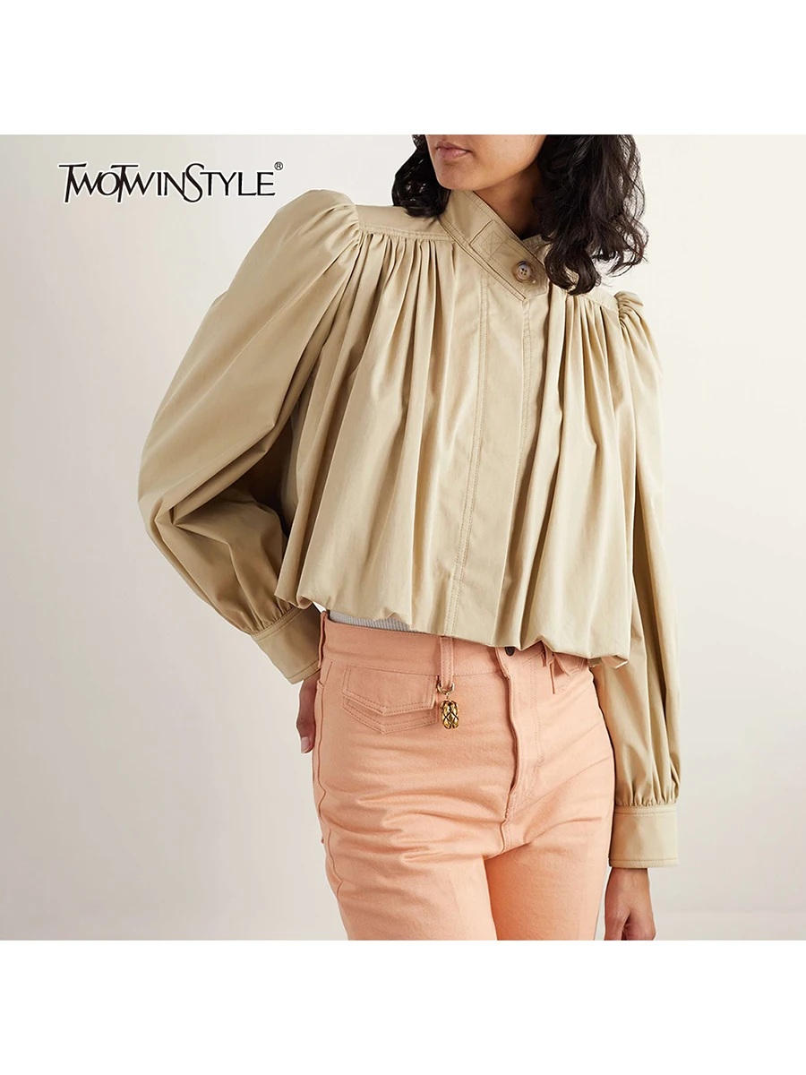 

TWOTWINSTYLE Autumn Patchwork Ruffle Short Jacket Stand Collar Long Sleeve Casual Solid Trench Female Fashion Clothes