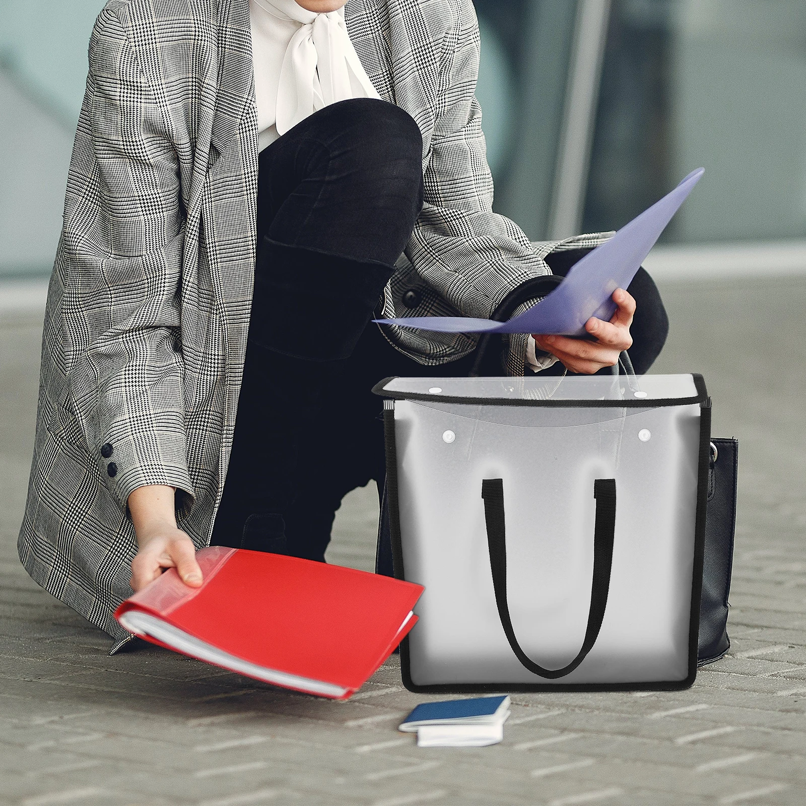 

Portable Document Pouch PVC Safe File Organizer Black Lightweight Briefcase Paper Storage Folder Office Home Use