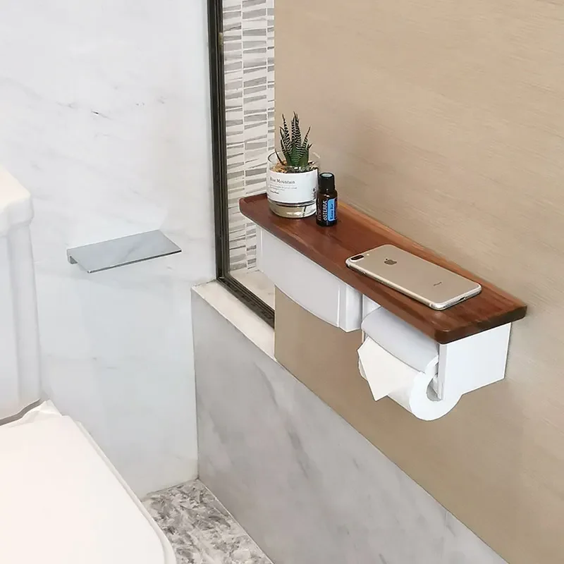 Toilet No Punching Tissue Holder Tissue Box Toilet Walnut Solid Wood Wall Mounted Paper Roller Shelf Storage Box