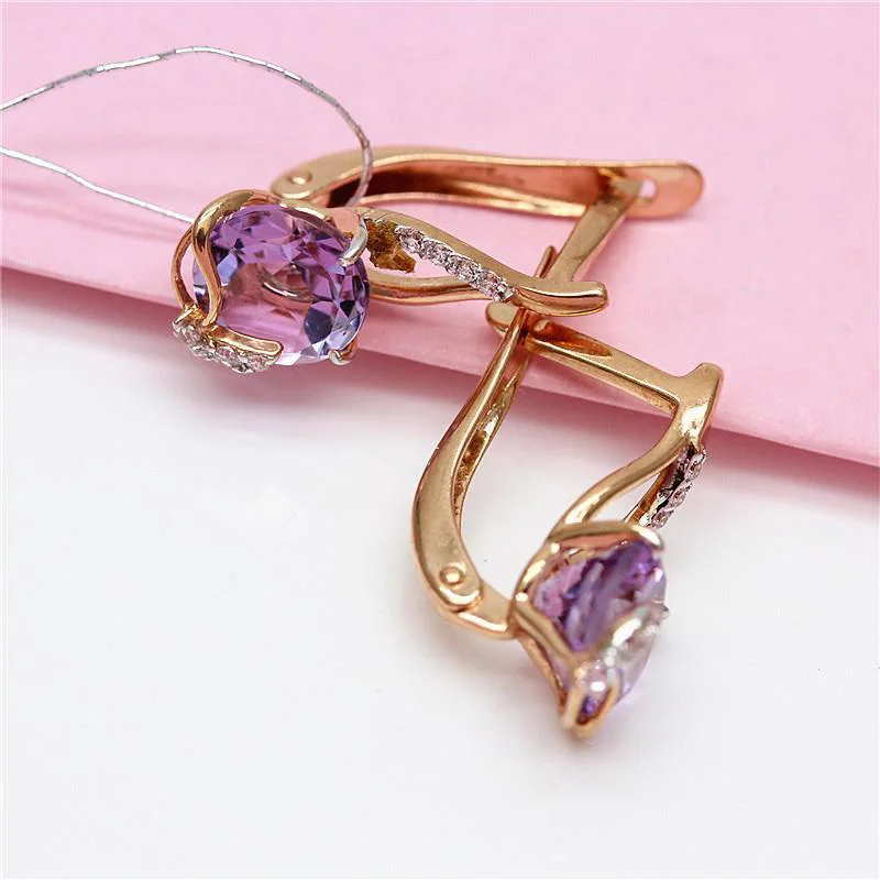 Classic Plated 14K Rose Gold Shining Exquisite Earings 585 Purple Gold Elegant Amethyst Earrings for women Engagement Jewelry