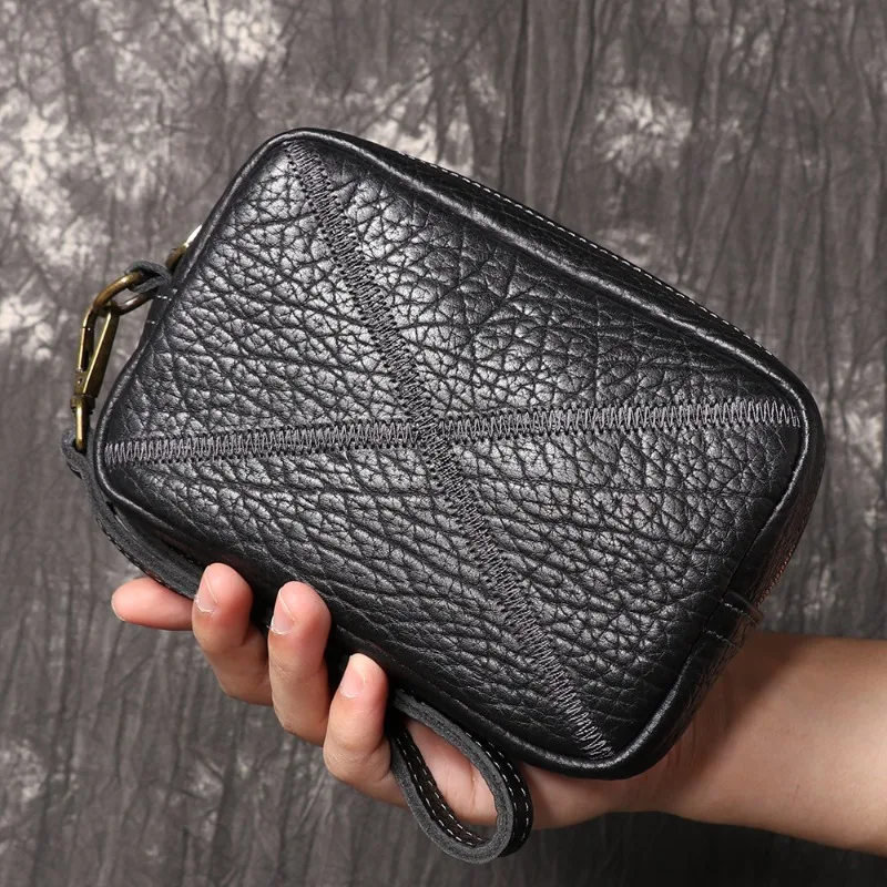 Men's Genuine Leather Clutch: Top-Grain Cowhide Stylish and Versatile Small Square Bag Retro and Unique Phone Case
