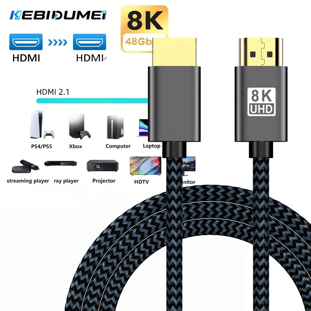 KEBIDUMEI 8K HDMI-compatible 2.1 Cable 48Gbps High Speed Cable for HDTV Laptop Projector PS5 4K 120Hz HD Adapter EARC ARC HDCP