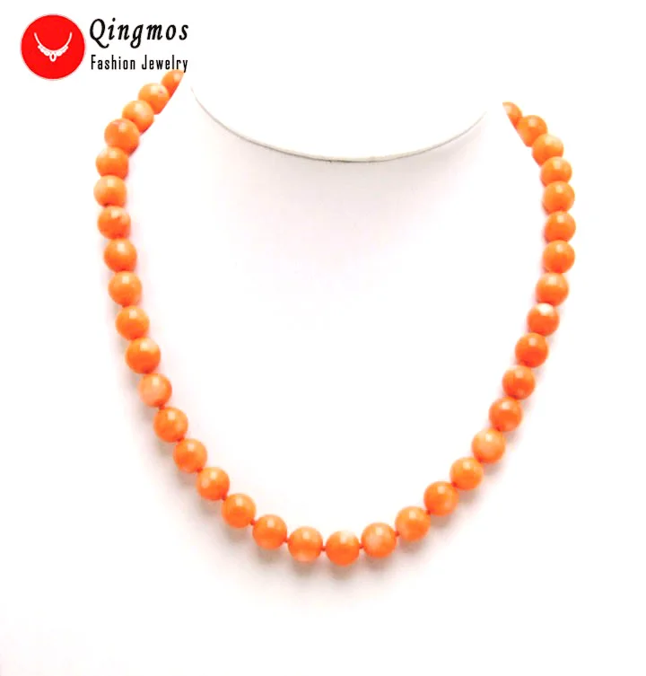 Qingmos 9-10mm high quality round Natural Pink Coral Necklace for Women Genuine Stone Necklace Jewelry for Women Chokers 17 