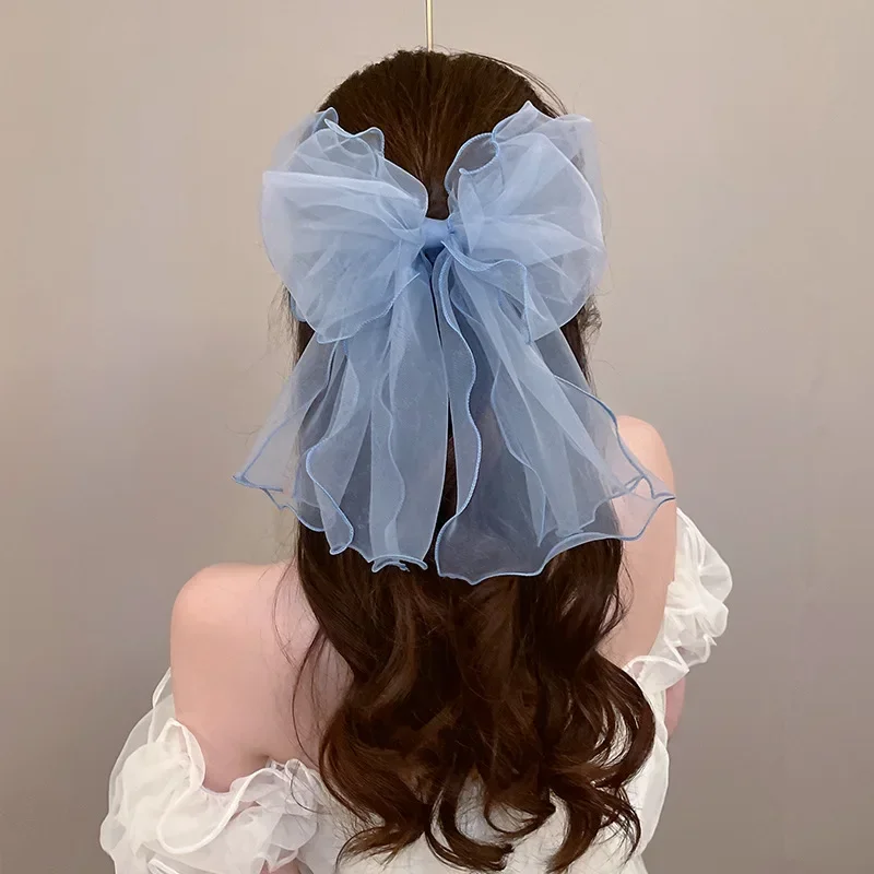 Fairy Princess Large Bow Organza Hair Clip Korean Lace Ribbon Barrette Hairpins Women Girls Curly Waves Sweet Hair Accessories