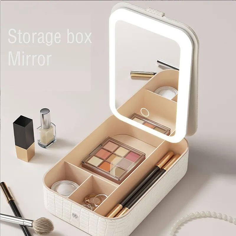 Travel Makeup Box Desktop Cosmetic Storage Waterproof Leather Travel Portable Makeup Bag Case LED Light Bronze Mirror