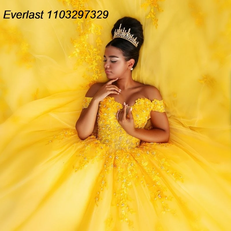 EVLAST gaun dansa putri Quinceanera kuning renda mengkilap Applique manik-manik korset Meksiko manis 16 Vestido De 15 Anos QD1041