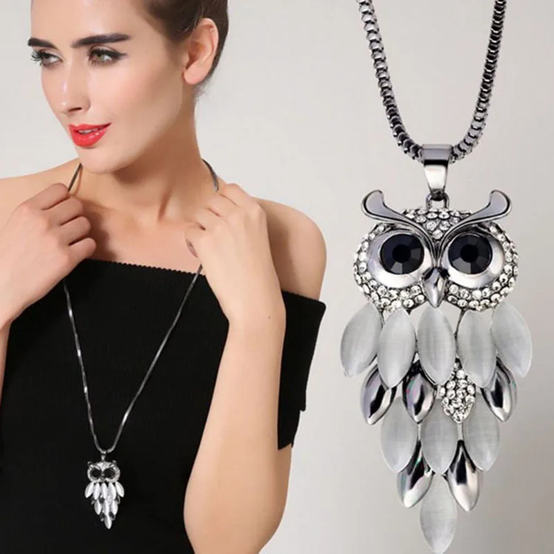 Retro Full Rhinestone Owl Necklace Pendant Women Fashion Geometric Long Necklace Chain Sweater Accessories Female Party Jewelry