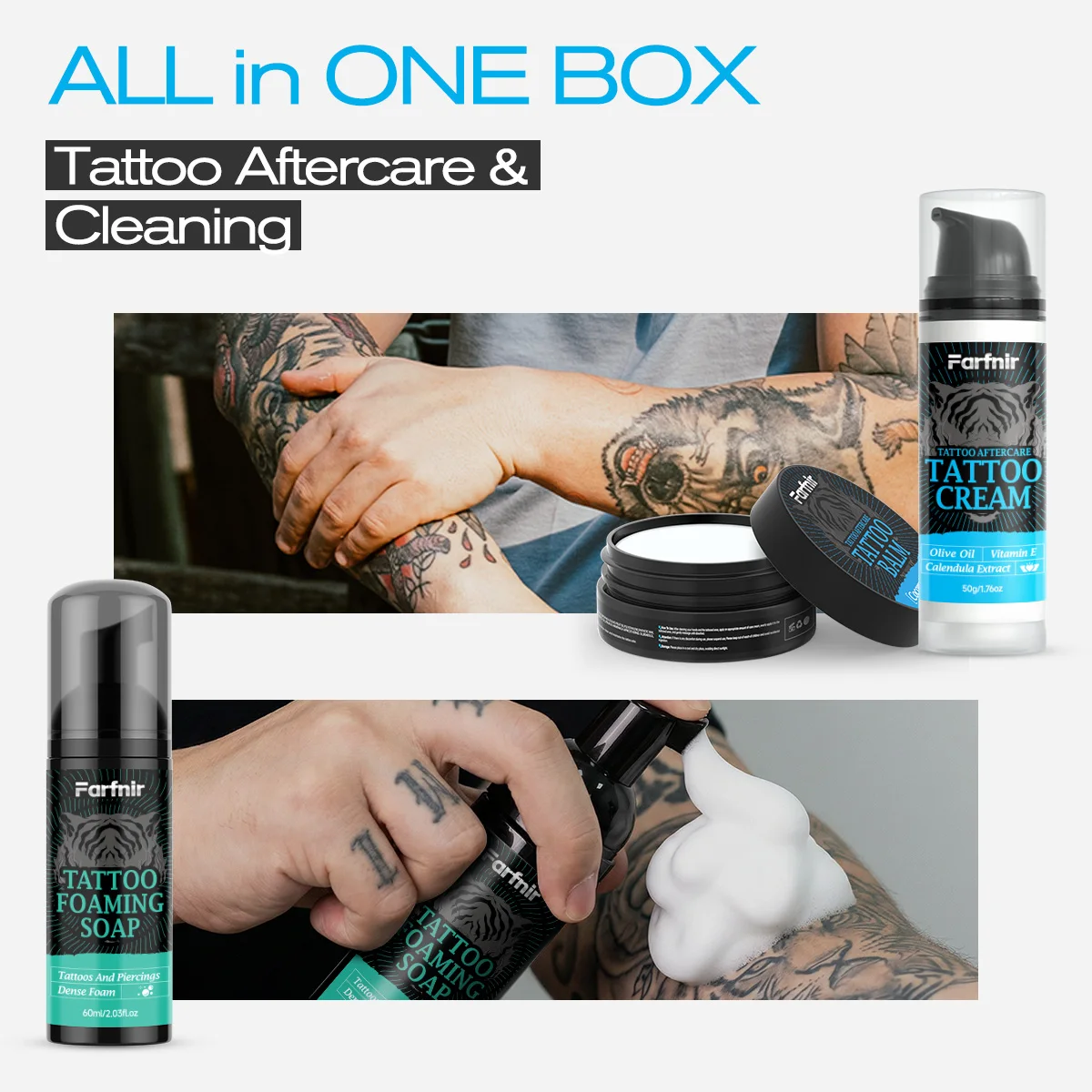 TATTOO care kit, smooths the skin, brightens the complexion, moisturizes and nourishes, making the skin delicate and radiant