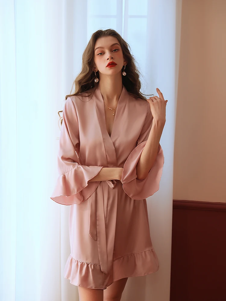

French Sexy Satin Robe for Women Flared Sleeve Tie-Waist Ruffled Hem Loungewear Outer Gown with Belt Above Knee Mini