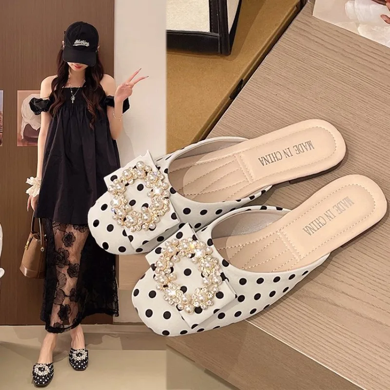 Damen-Slip-On-Sandalen mit quadratischer Spitze und Strass – Sommer 2026 Neuer Stil, lässig, atmungsaktiv, bequem, flacher Absatz, Partyschuhe
