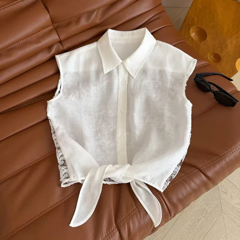 

Women's lace-trimmed shirt, sleeveless collared linen top, high-quality workwear tank top, 2026, new arrivals, Y2K, shirts