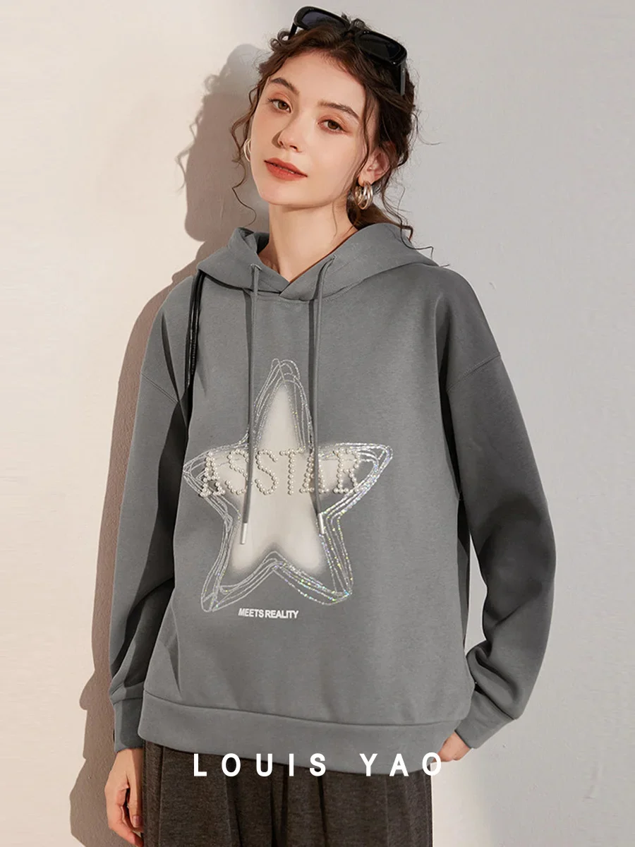 LOUIS YAO Women's Hoodie 2026 Winter Thick Velvet Hoodie Fashionable Nail Bead Sequin Embroidered Pentagram Pattern Sweatshirts