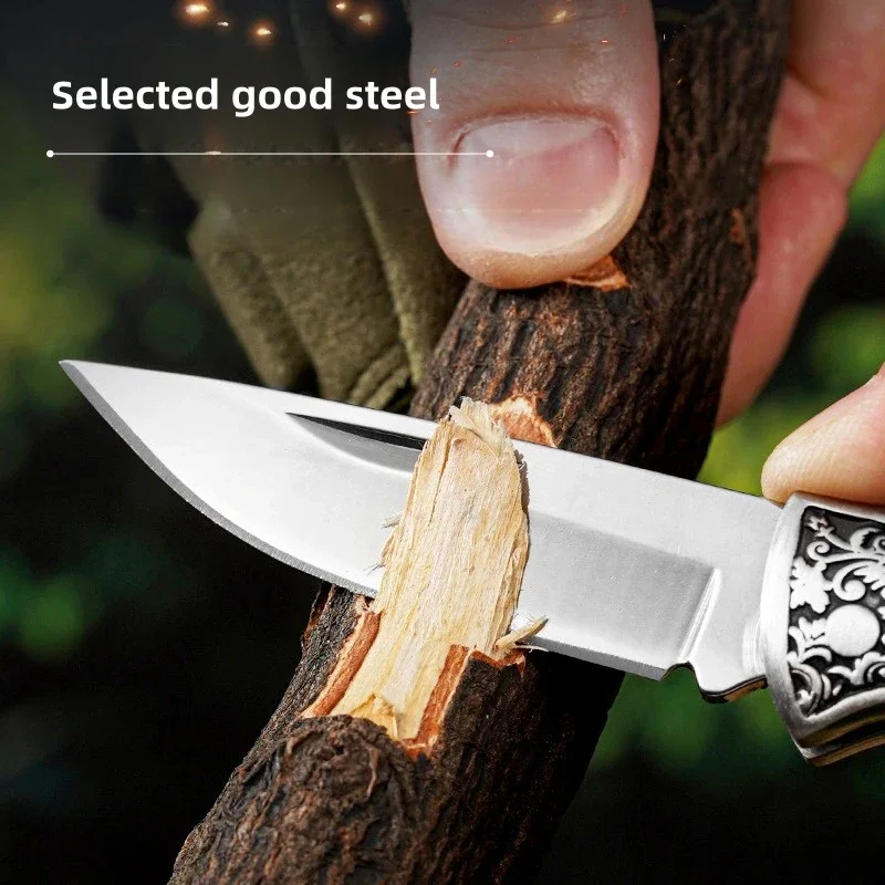 Portable Folding Knife Colored Wood Outdoor Tibetan Printed Stainless Steel Household Fruit Knife Keychain Camping Pocket Knife