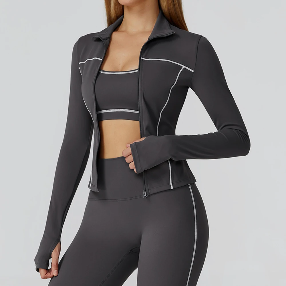 

Женская спортивная куртка на молнии, пальто для йоги, одежда, быстросохнущая куртка для фитнеса, спортивная одежда с длинными рукавами и отверстием для большого пальца, топ для тренировок в тренажерном зале
