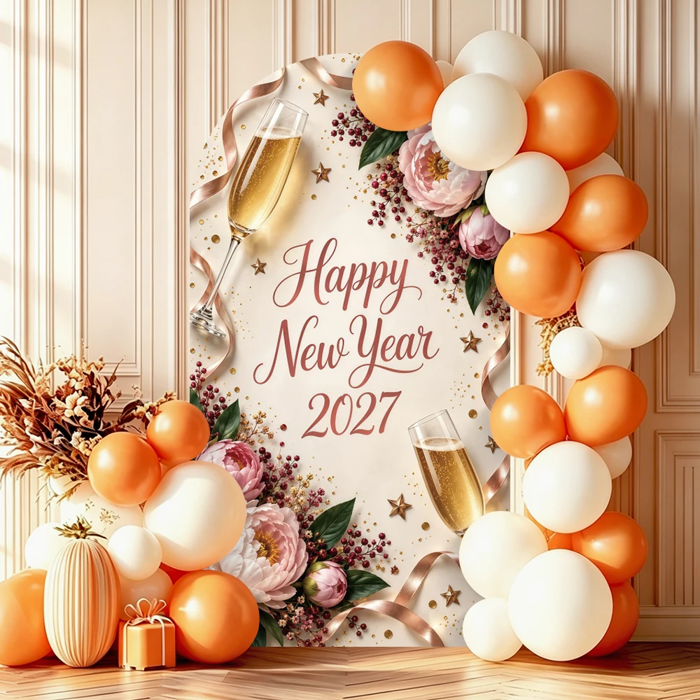 Yeele 2027 Happy New Year Arch Cover Background for Girls Portrait Pink Flowers Wine Glass Elastic Arched Photography Backdrop