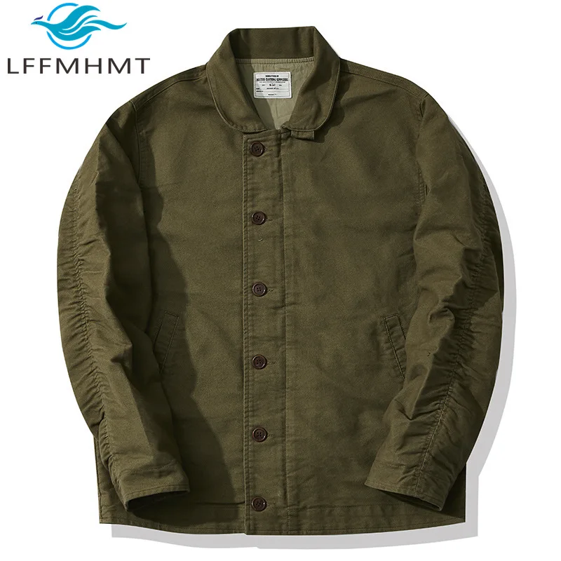 Men Spring Fall Heavyweight Vintage Moleskin Jacket Apple Collar Amekaji Wrinkled Retro Casual Long Sleeve Outerwear