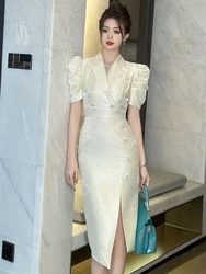 New Summer Fashion Formal Occasion Blazer Pencil Dress Women Clothes Elegant Office Vintage Puff Sleeve Slim Slit Midi Vestidos