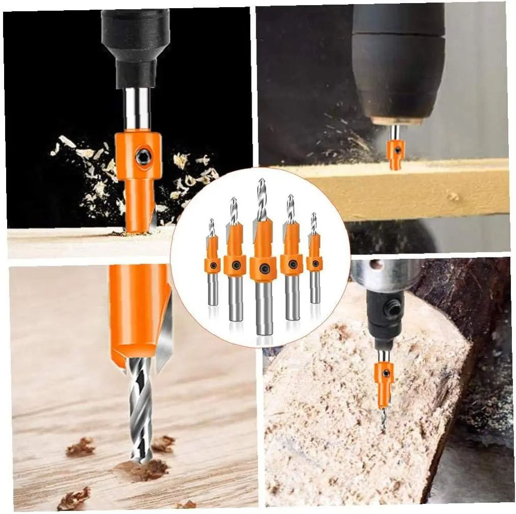 8mm Shank HSS Countersink Drill Bit Set with Stop Collars Woodworking Countersink Bit Hole Puncher Tools 5PCS