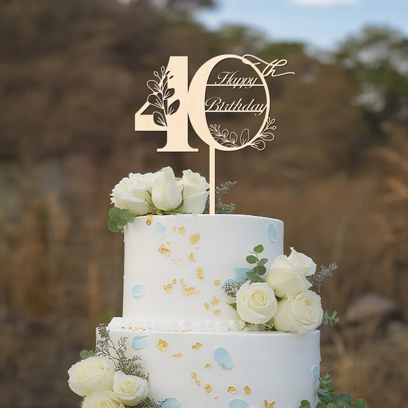 YOMDID 40. Geburtstag Tortenaufsatz aus Holz, 40. Geburtstag Tortendekoration für Hochzeitstorten, Deko-Stecker – Detail 1