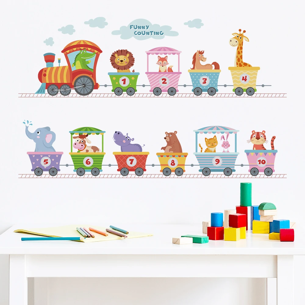 Cute Cartoon Animals Train Removable Wall Stickers for Window Tile Kids Nursery Bedroom Decals Kindergarten Showcase Decor Art