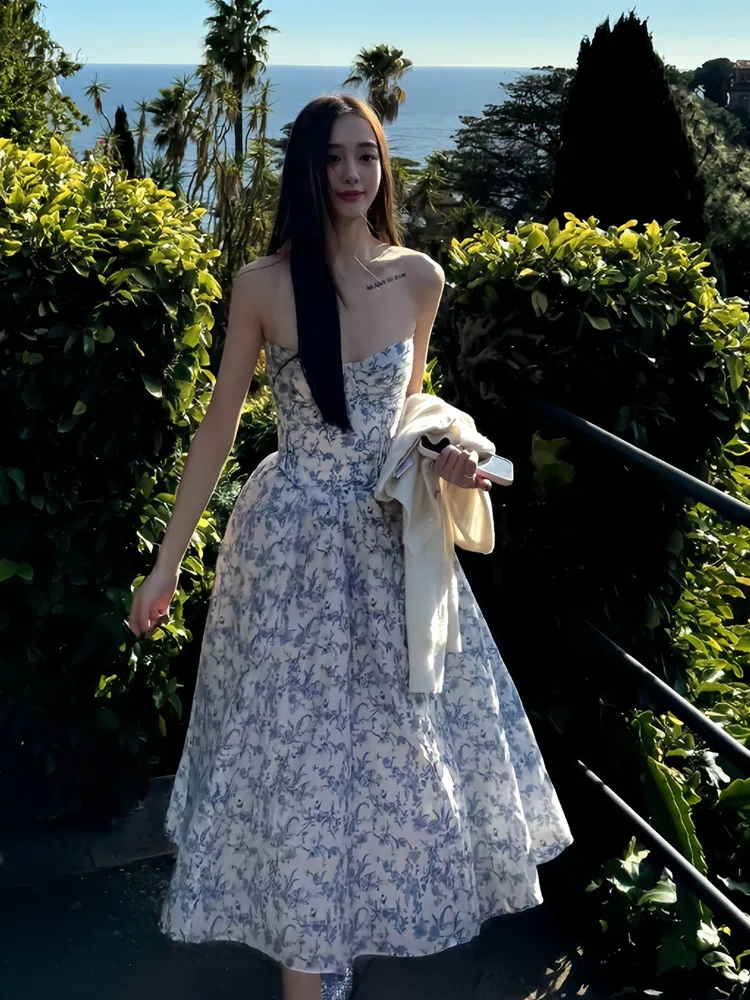 

French Style High-End Floral Strapless Dress for Women Summer2025New Style Pure Desire Heavy Craft Elegant Waist-Cinching Long D