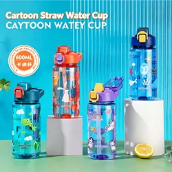 600ml Dinosaur Water Bottle For Kids Water Sippy Cup With Silicone Straw Leakproof Plastic Water Bottles Summer Kids Water Cup