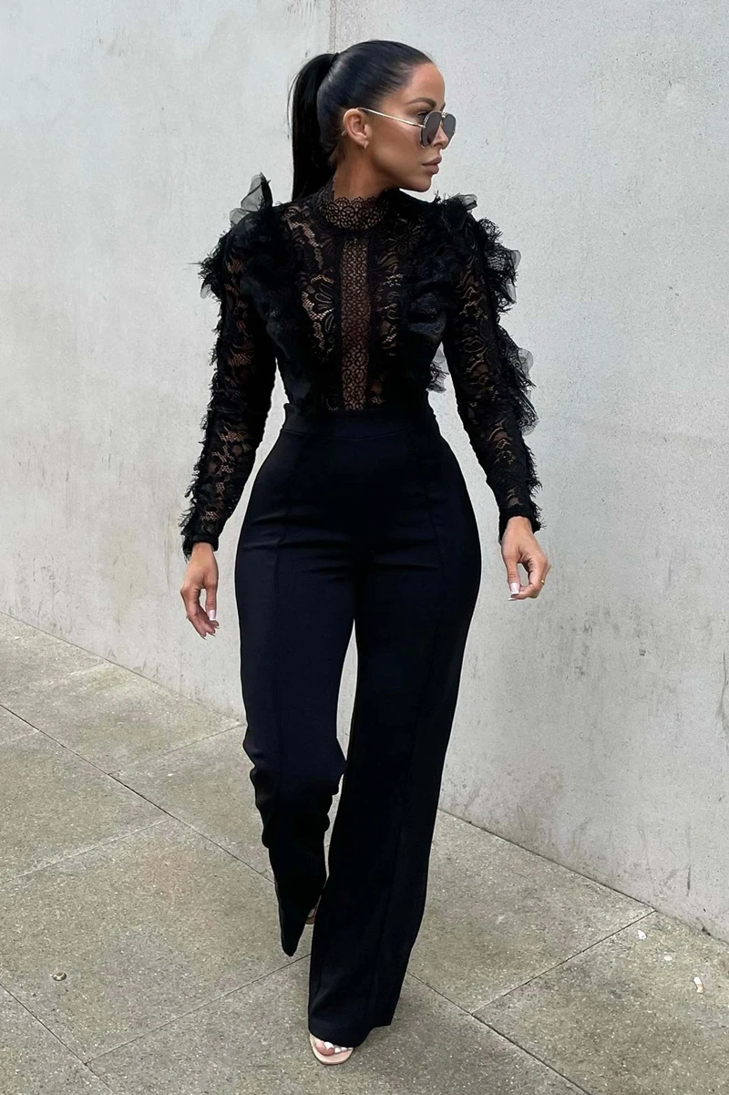 Elegant Lace Stiching Patchwork Wedding Evening Jumpsuit Long Sleeve Ruffle Sexy See Through One Pieces Party Overalls Rompers
