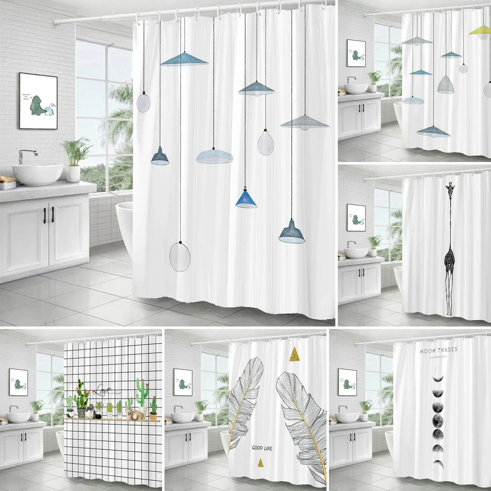 

Simple Geometric Nordic Plant leaves Printing Bathroom Shower Curtain Polyester Waterproof Home Decoration Curtain with Hooks