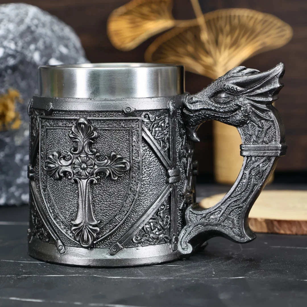 Medieval Viking Beer Mugs Cross Swords Knight Mug Tankard Dragon Resin Stainless Steel Lining Templar Beer Coffee Cup 450ml