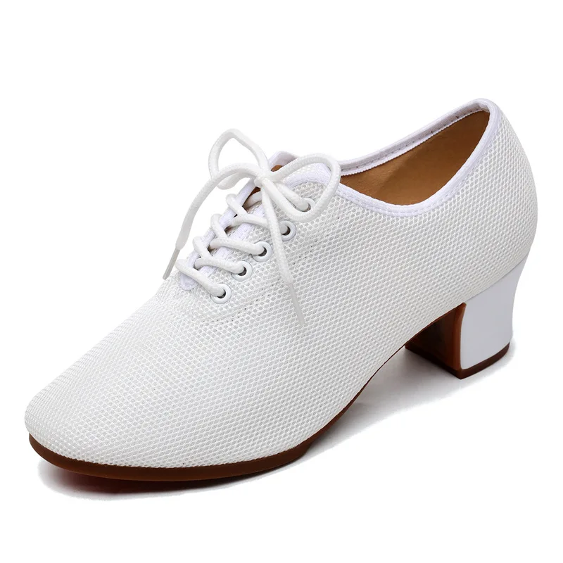 Women's White Mesh Latin Dance Shoes Teacher Shoes Mid-high Heel Square Dance Shoes Rubber Soles 3.5/5.5cm dance sneakers women