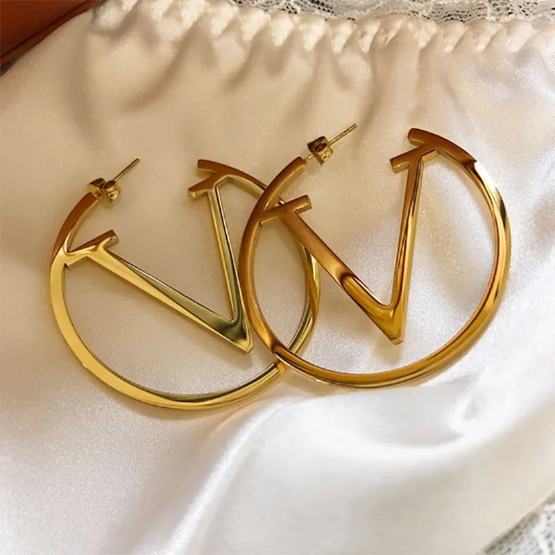 2024 New Trends V Letter Hoop Earrings For Women Stainless Steel Earrings Punk Round Ear Jewelry Gift image 6