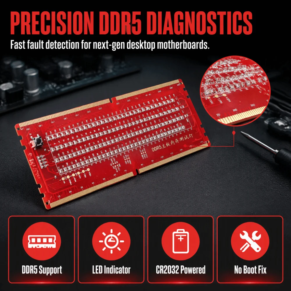 DDR5 Support DDR5 Mainboard Test Card LED Fault Indicator Memory Slot Tester RAM Slot Tester Portable Design Battery Powered