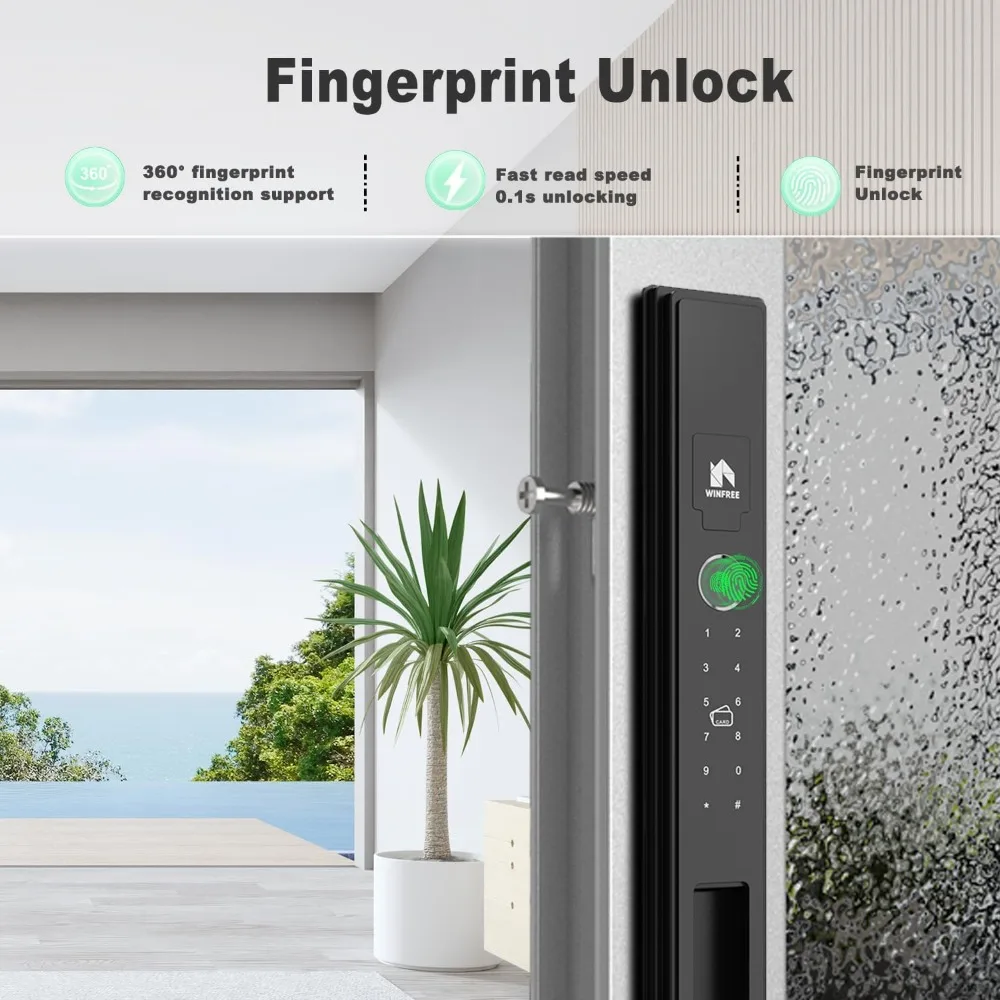 Smart Lock per porte e finestre scorrevoli |   Ingresso 5 in 1: impronta digitale, password, scheda, chiave, app |   Batteria ricaricabile |   Temperatura estrema