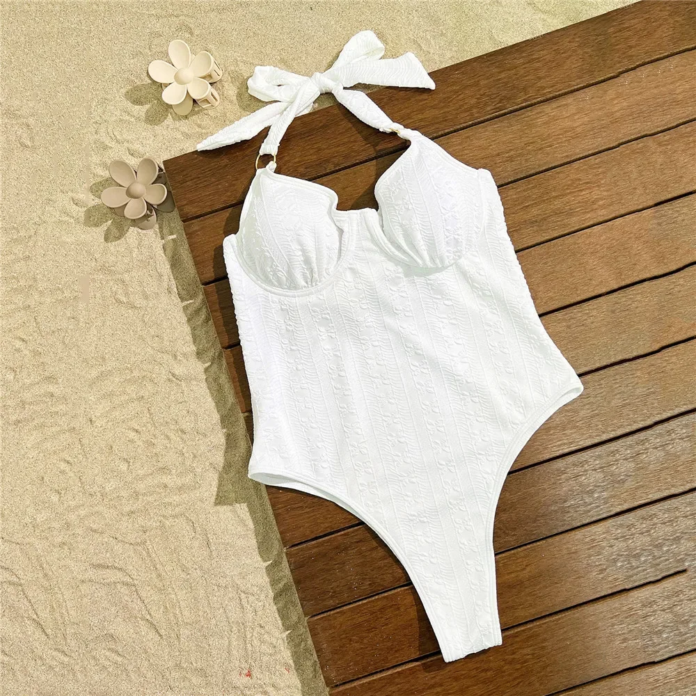 Bandage Halter Knotted Swimwear Sexy Swimsuit Women One Piece 2025 White Embossed Fabric High Cut Bather Backless Bathing Suit