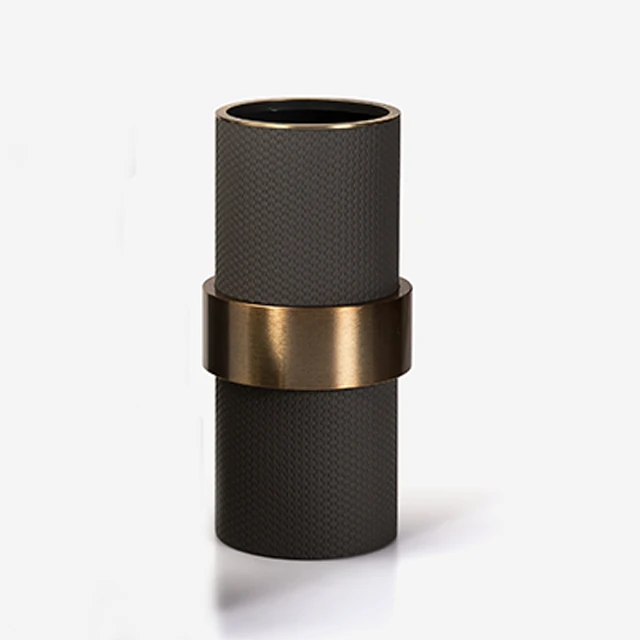 

Customised Light Luxury Grey Leather Flower Vase Modern Design Stainless Steel Vase Ornament for Wedding Home Hotel Decoration