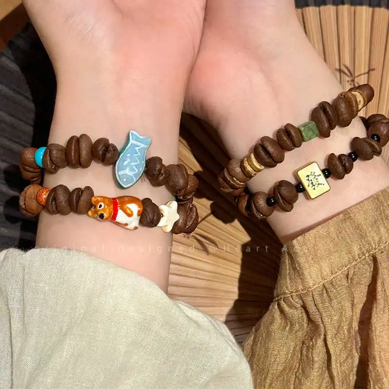 Handmade Real Coffee Bean Bracelets Cartoon Cute Puppy Simple Personality Unique Creative Luxury Pulseras Charm Bracelets