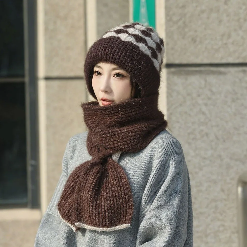 

Casual Windproof Knitted Hat Scarf Thickened Neck Warmer Beanie Hat Winter Warm Ear Protection Cap for Women