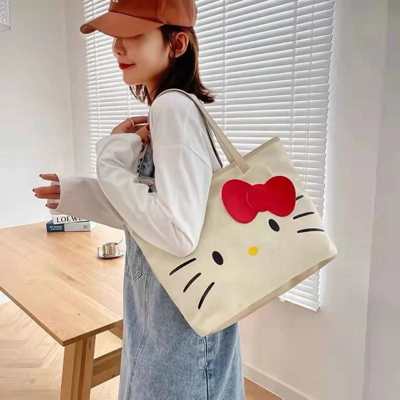 Hello Kitty Canvas Bag Woman  New Fashion Large Capacity Handbag Cartoon Shoulder Shopping Bag College Style Tote Bag