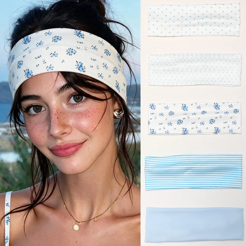 5pcs Women Wide Elastic Headband Polka Dot Bow Print Hair Band Soft Non Slip Daily Workout Hair Accessories for Girls
