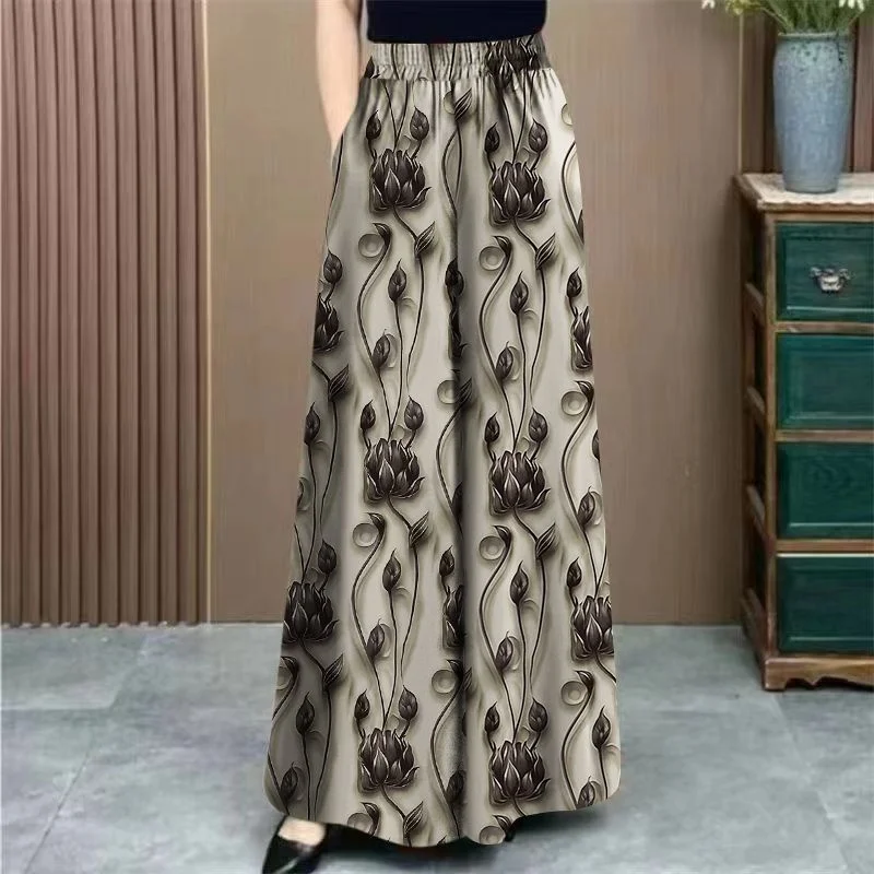 Summer Ladies Floral Wide Leg Pantalons Korean Women Large Size 6XL Casual Trousers Spring Femme High Waist Ice Silk Pants Skirt