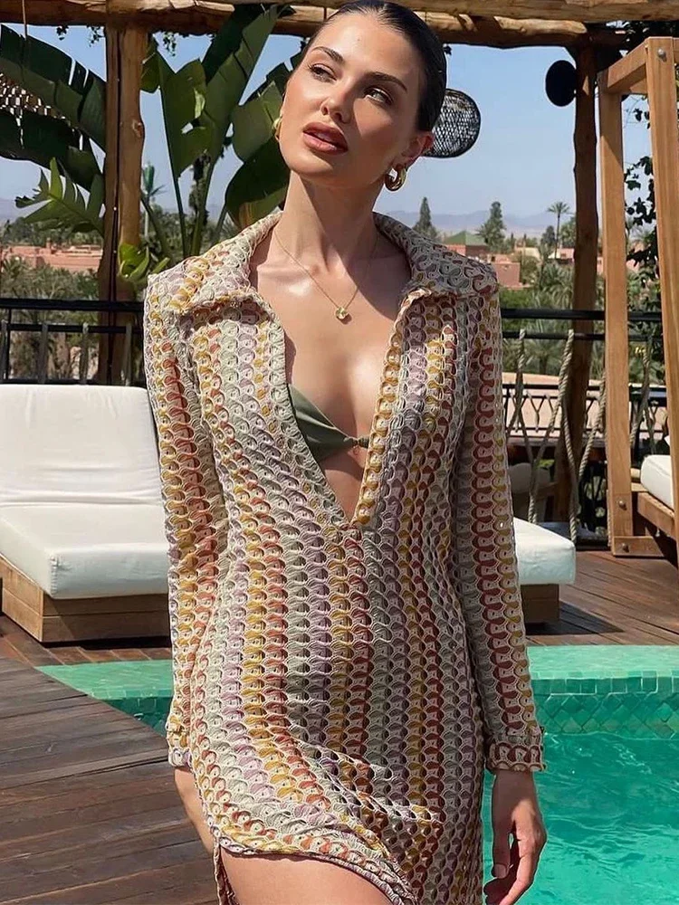 2024 wanita elegan Crochet seksi melihat melalui gaun Maxi Bodycon lengan panjang cover-up baju renang pantai rajut penutup A2819