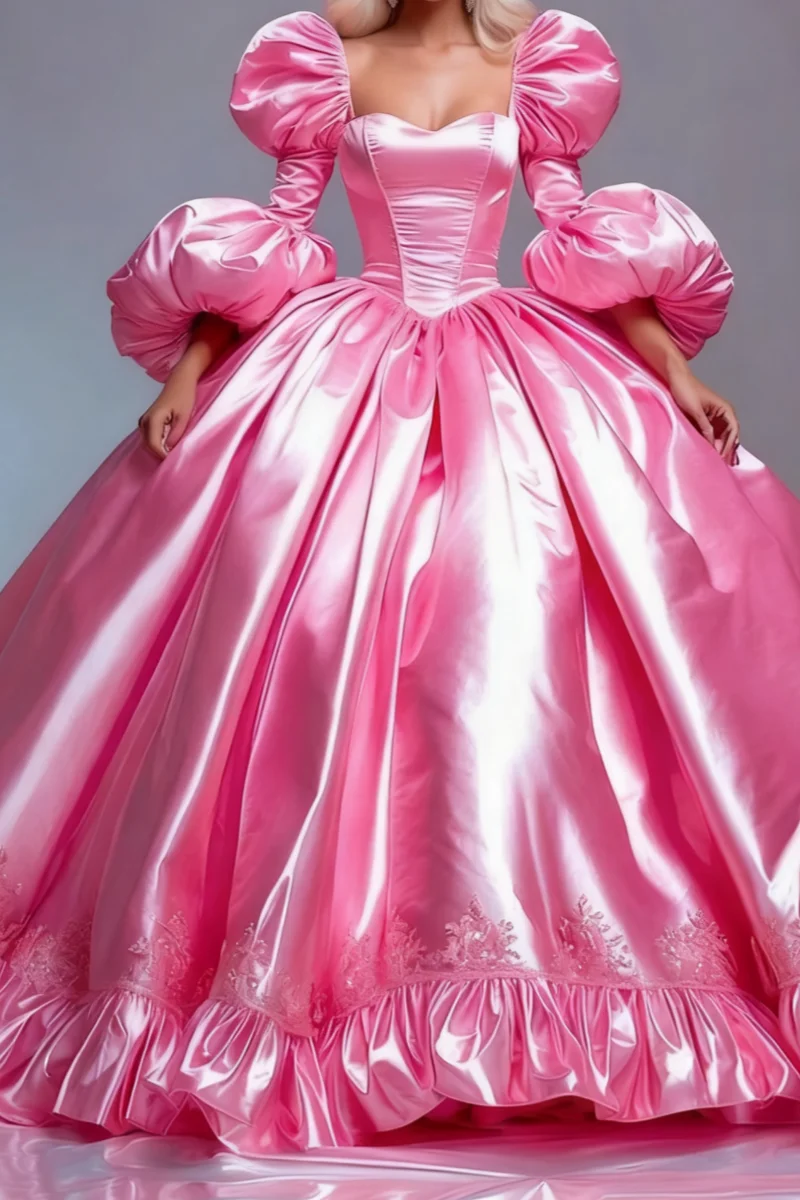 ชุดราตรีทรงเอไลน์จับจีบยาวกรอมพื้นสไตล์วิคตอเรียนหรูหราสีชมพู คอเหลี่ยม  ชุดออกงานสั่งตัดได้