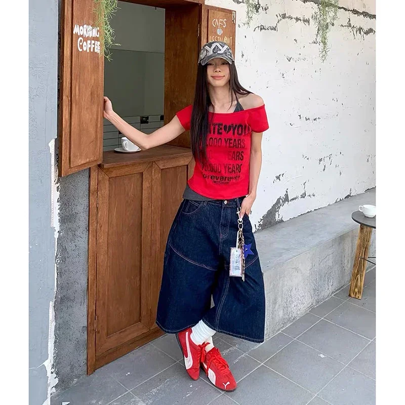 

Blue High Waist Vintage Embroidery Y2k Jeans Women 90s 2000s Baggy Wide Leg Denim Pants American Retro Streetwear Trousers