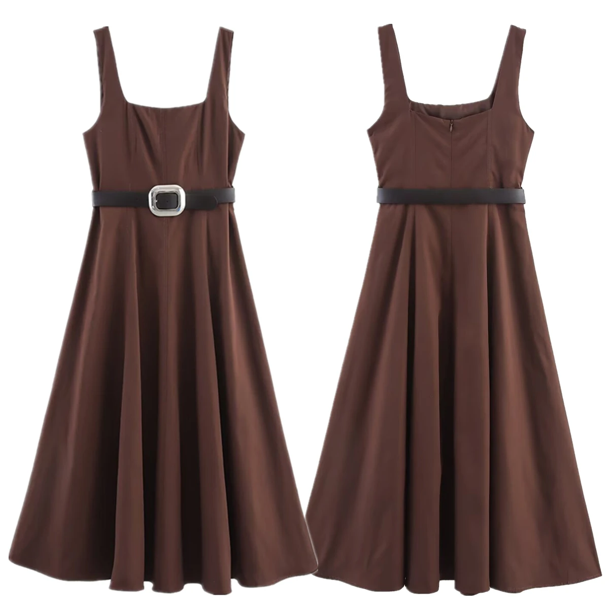 

Maxdutti French Country Brown Sleeveless Dress With Belt Minimalist Retro Square Neck Midi Dress For Women Party Dresses Vestido