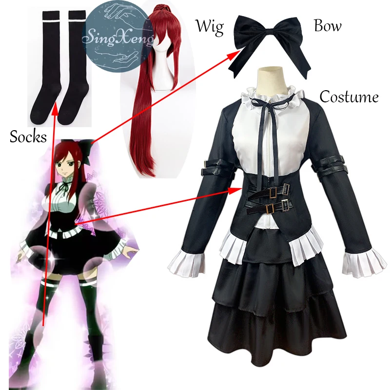 SingXeng Anime Erza Scarlet Cosplay Costume Wig Maid Uniform Black Lolita Dress Hallowen Suit Customize