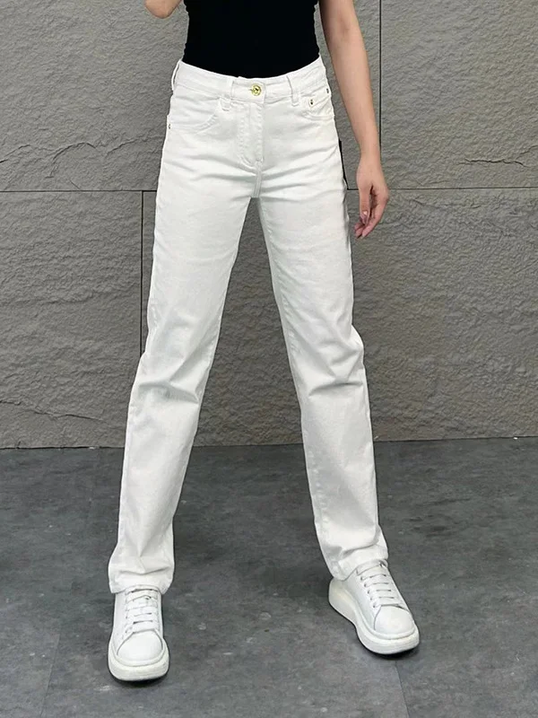 

Spring 2026 Men's Slim Fit Casual Sle White Jeans Straight Leg Long Trousers Faionable Comfortable mid Waist Zipper Closure