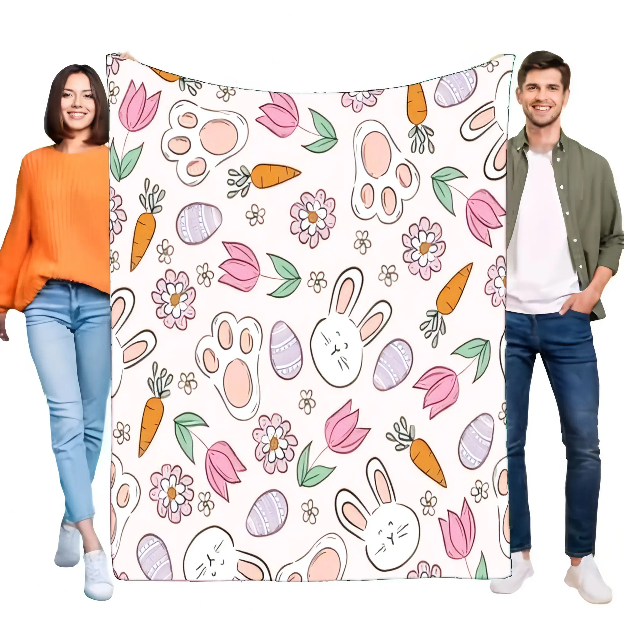 Cute Easter Bunny Carrot Egg Paw Print Floral Ultra Soft Fleece Throw Blanket for Bed Sofa Kids Spring Holiday Home Decor Gift