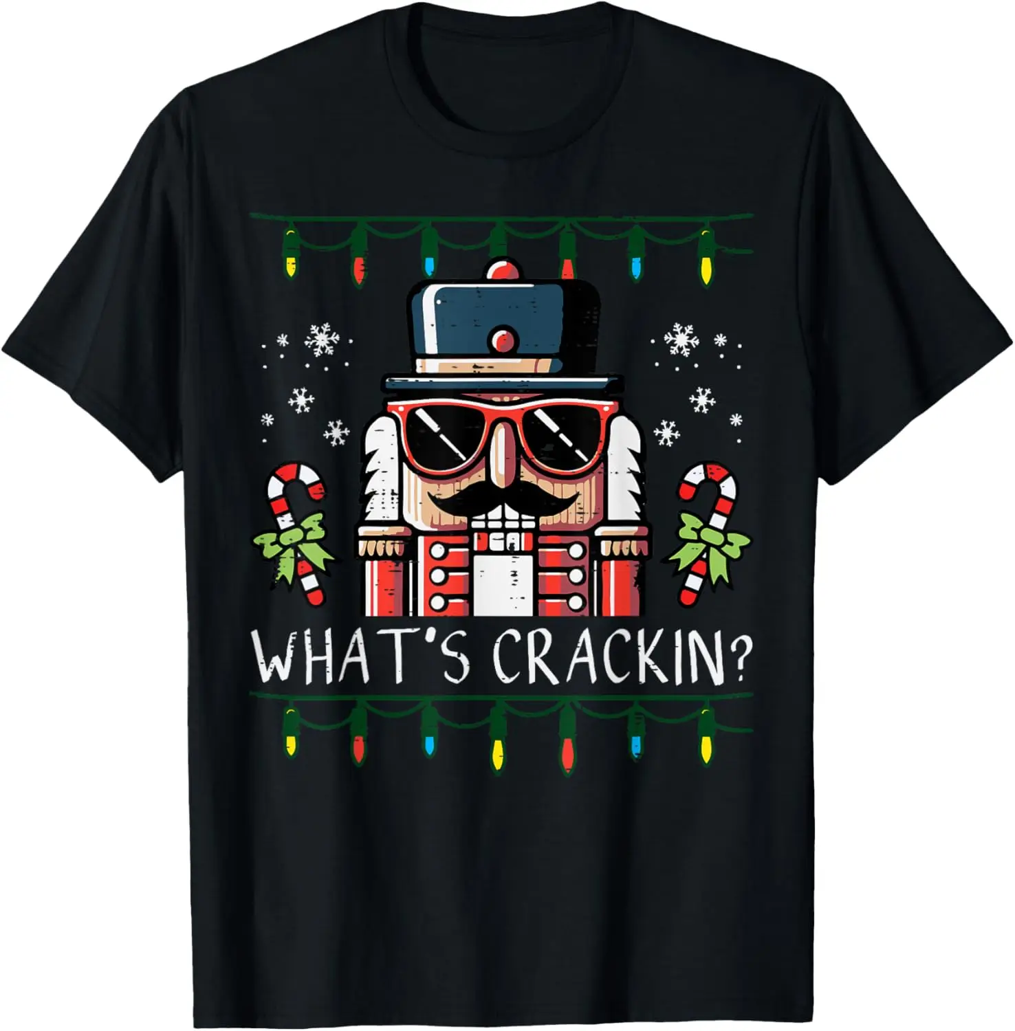 Feliz Navidad Cascanueces Whats Crackin divertido patrón de bastón de caramelo Navidad hombres mujeres niños Regular manga corta estilo Casual camiseta